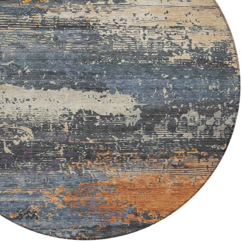 8' Blue Gray And Orange Round Abstract Washable Indoor Outdoor Area Rug