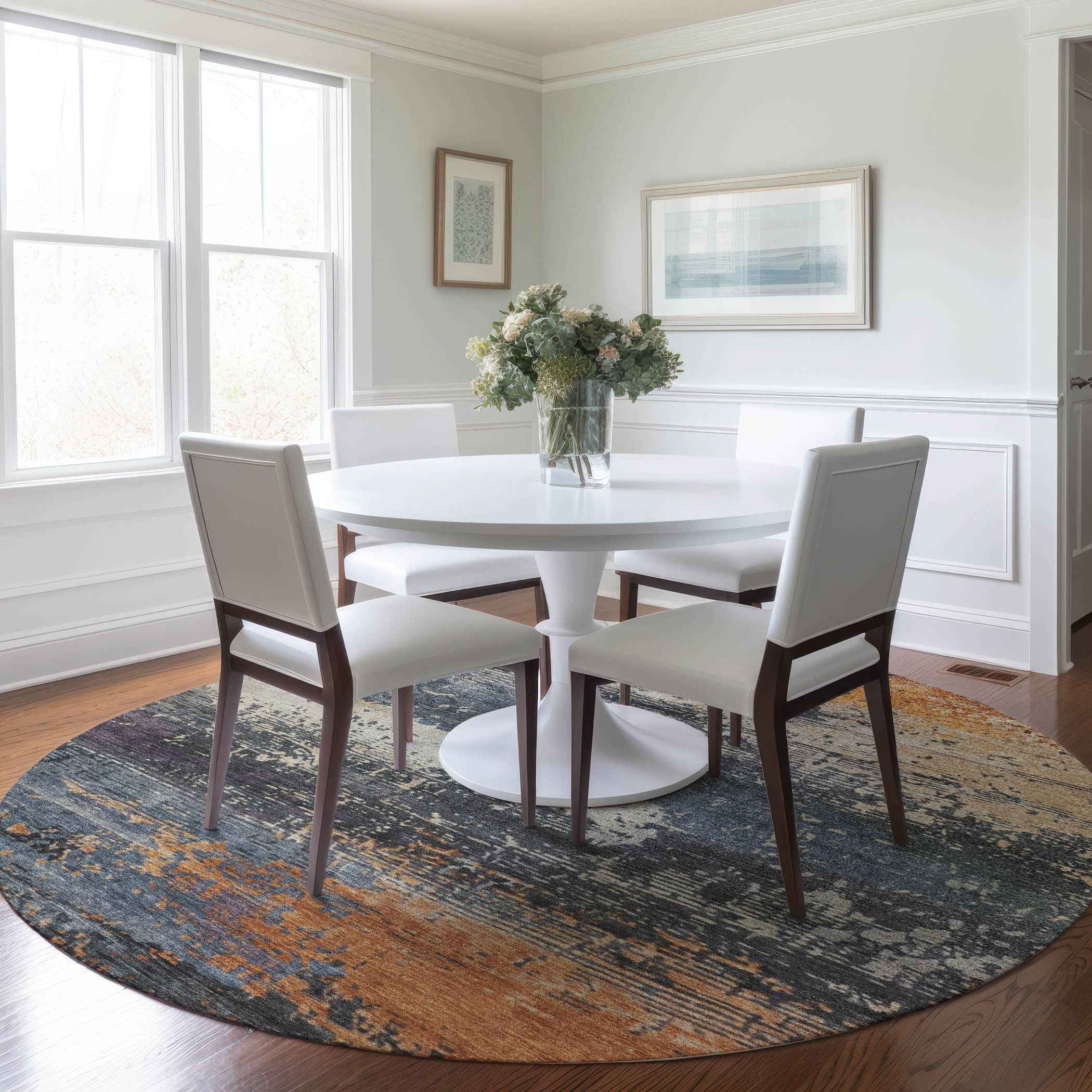 8' Blue Gray And Orange Round Abstract Washable Indoor Outdoor Area Rug