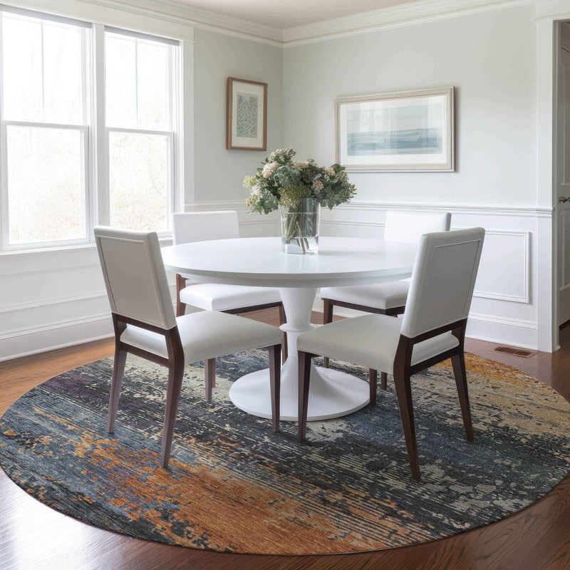 8' Blue Gray And Orange Round Abstract Washable Indoor Outdoor Area Rug