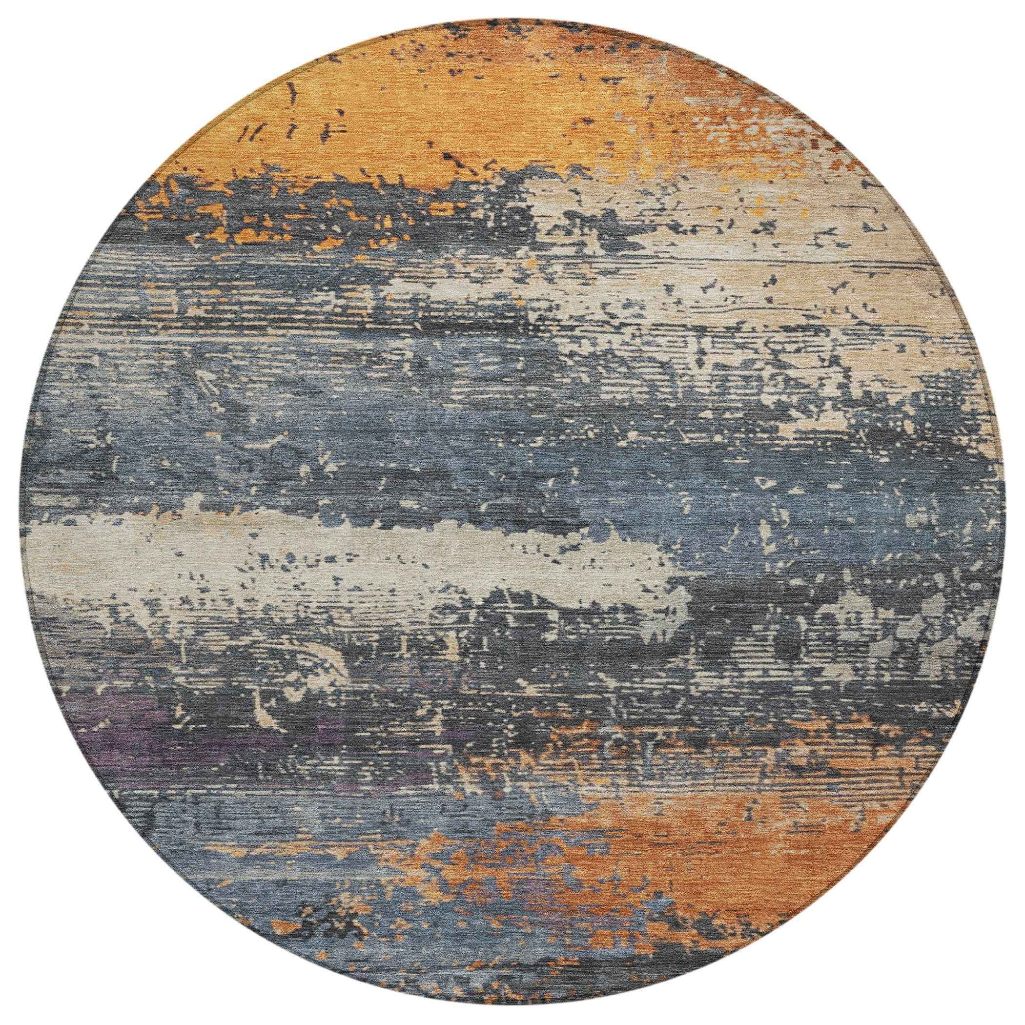 8' Blue Gray And Orange Round Abstract Washable Indoor Outdoor Area Rug