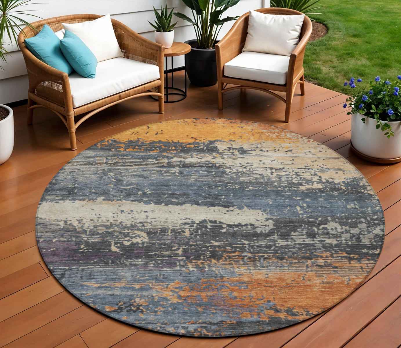 8' Blue Gray And Orange Round Abstract Washable Indoor Outdoor Area Rug