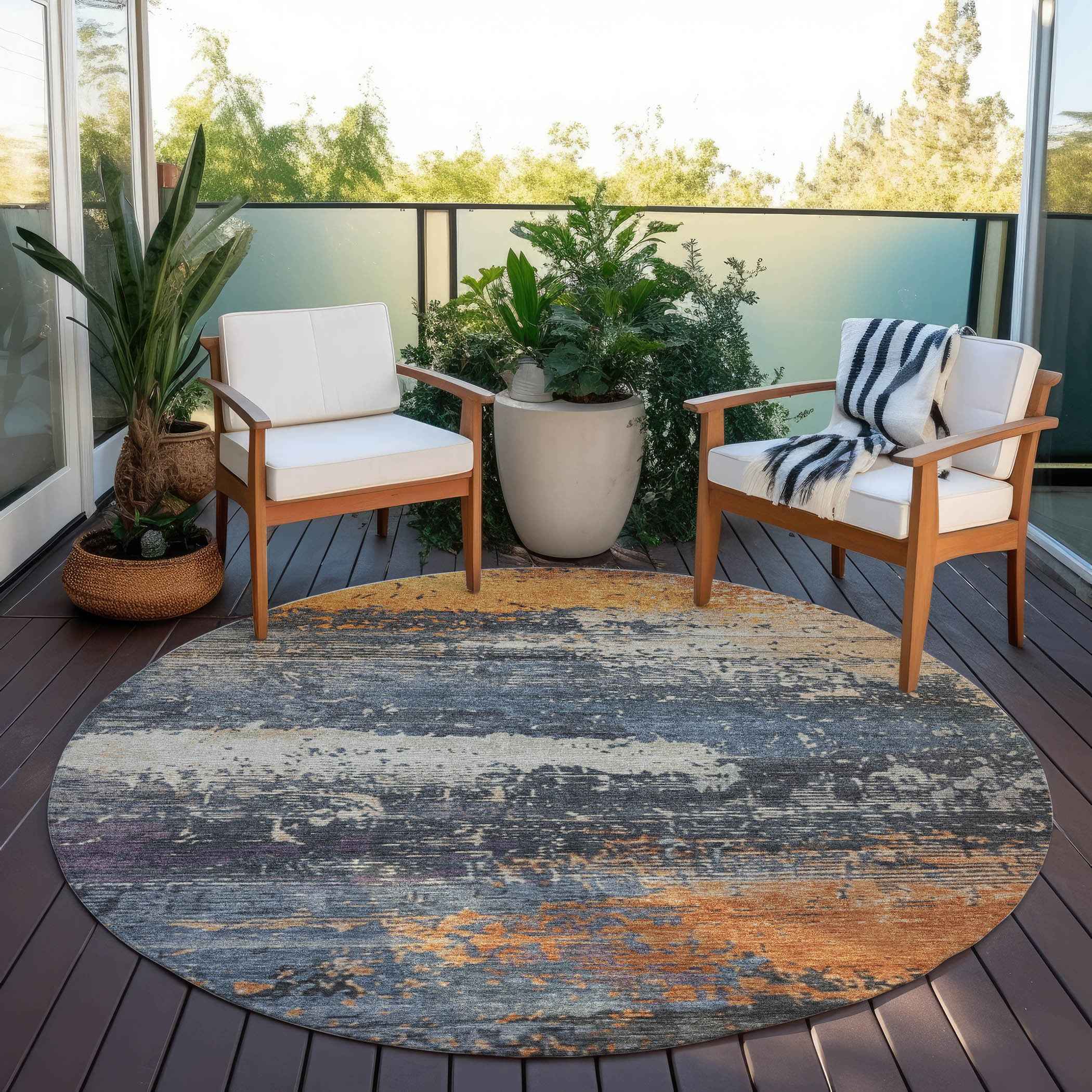 8' Blue Gray And Orange Round Abstract Washable Indoor Outdoor Area Rug