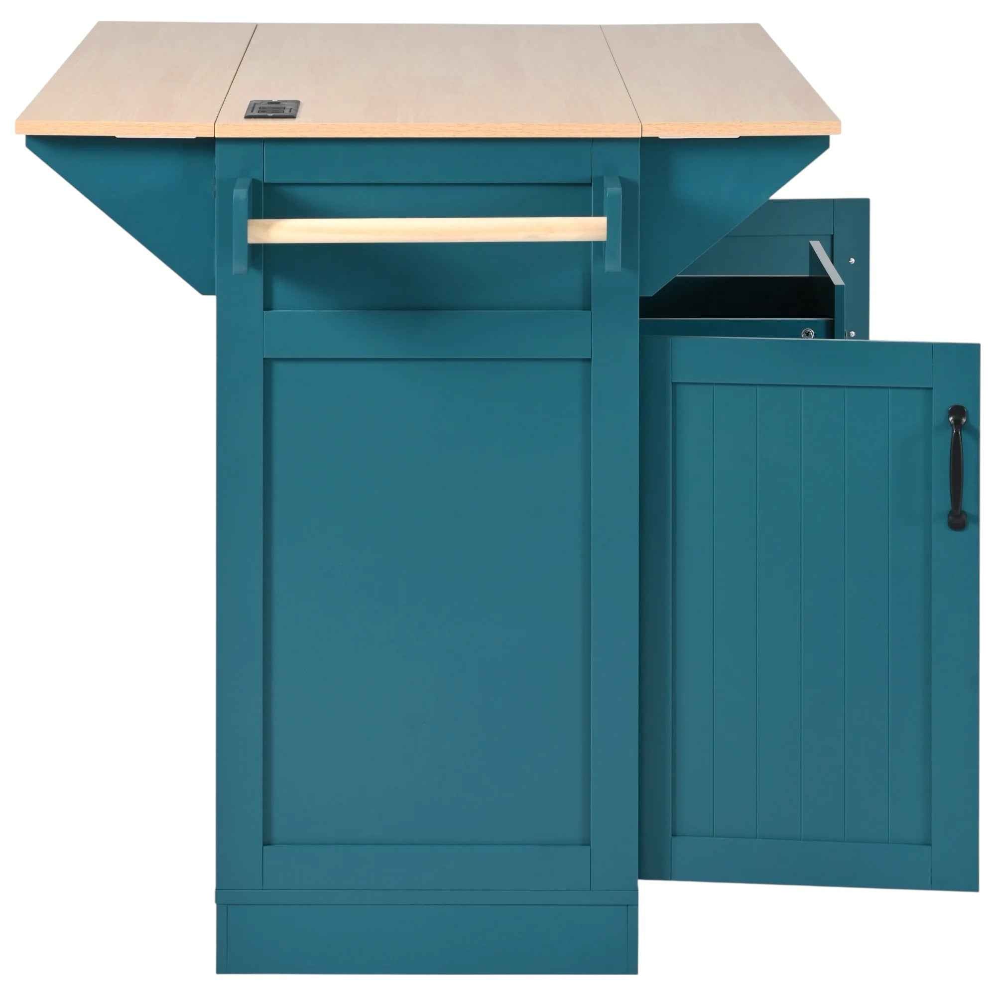 56" Teal Blue Wood Rolling Kitchen Island With Storage
