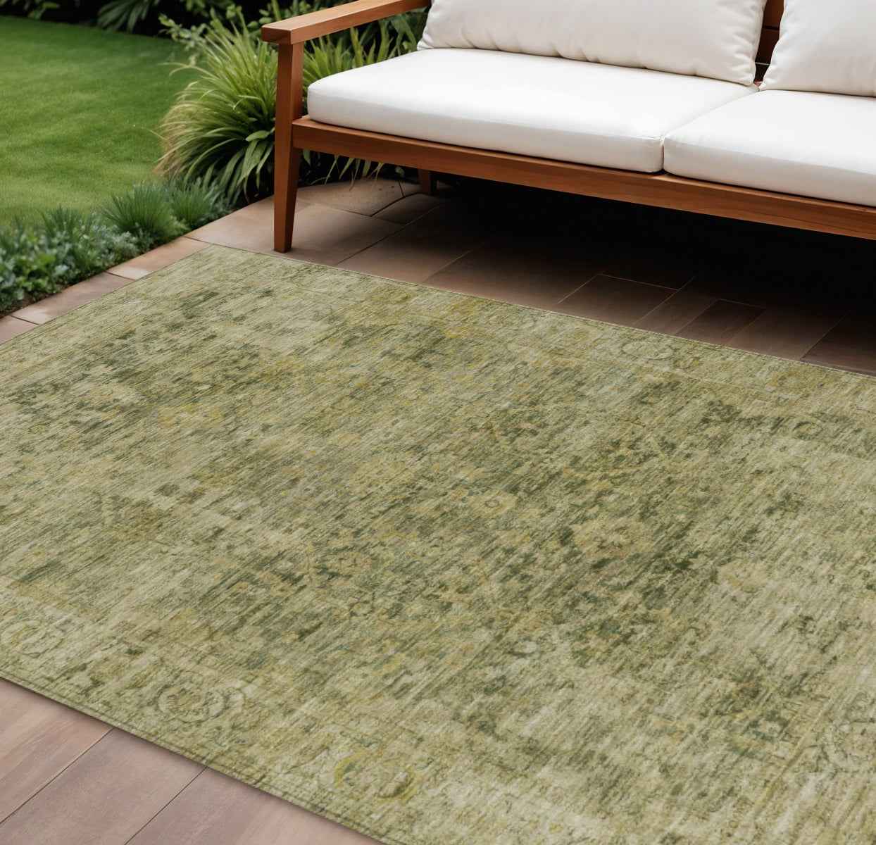 8' X 10' Green And Gold Abstract Washable Indoor Outdoor Area Rug