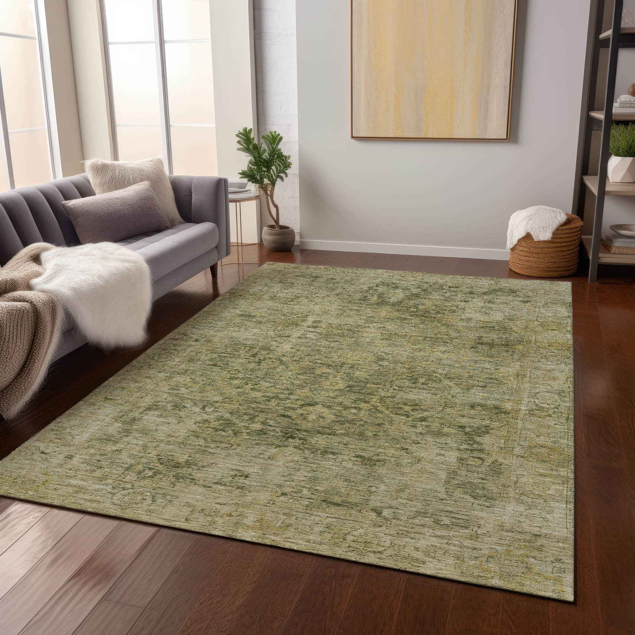 8' X 10' Green And Gold Abstract Washable Indoor Outdoor Area Rug