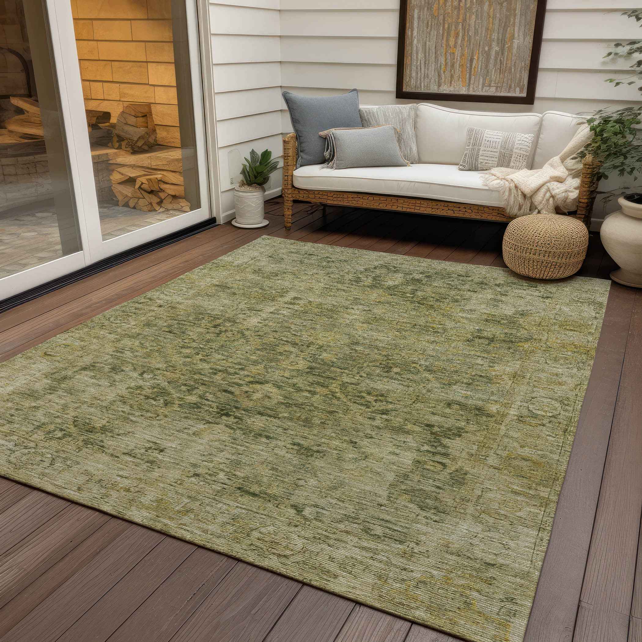 8' X 10' Green And Gold Abstract Washable Indoor Outdoor Area Rug