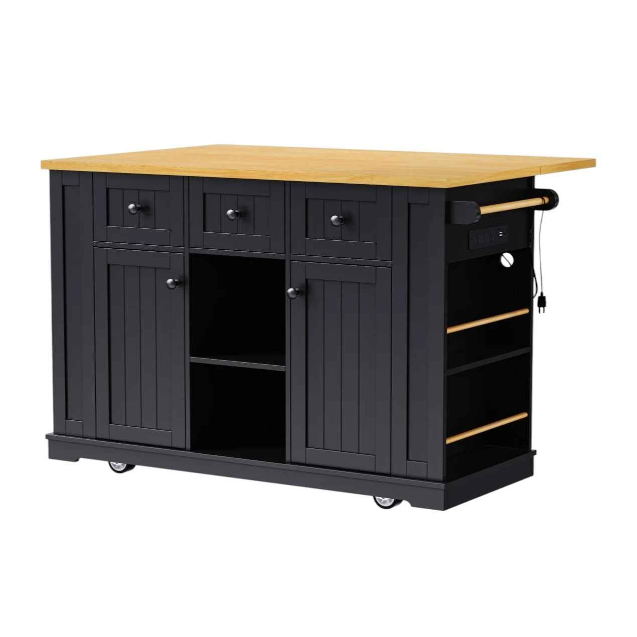 53" Black Wood Rolling Kitchen Island With Storage