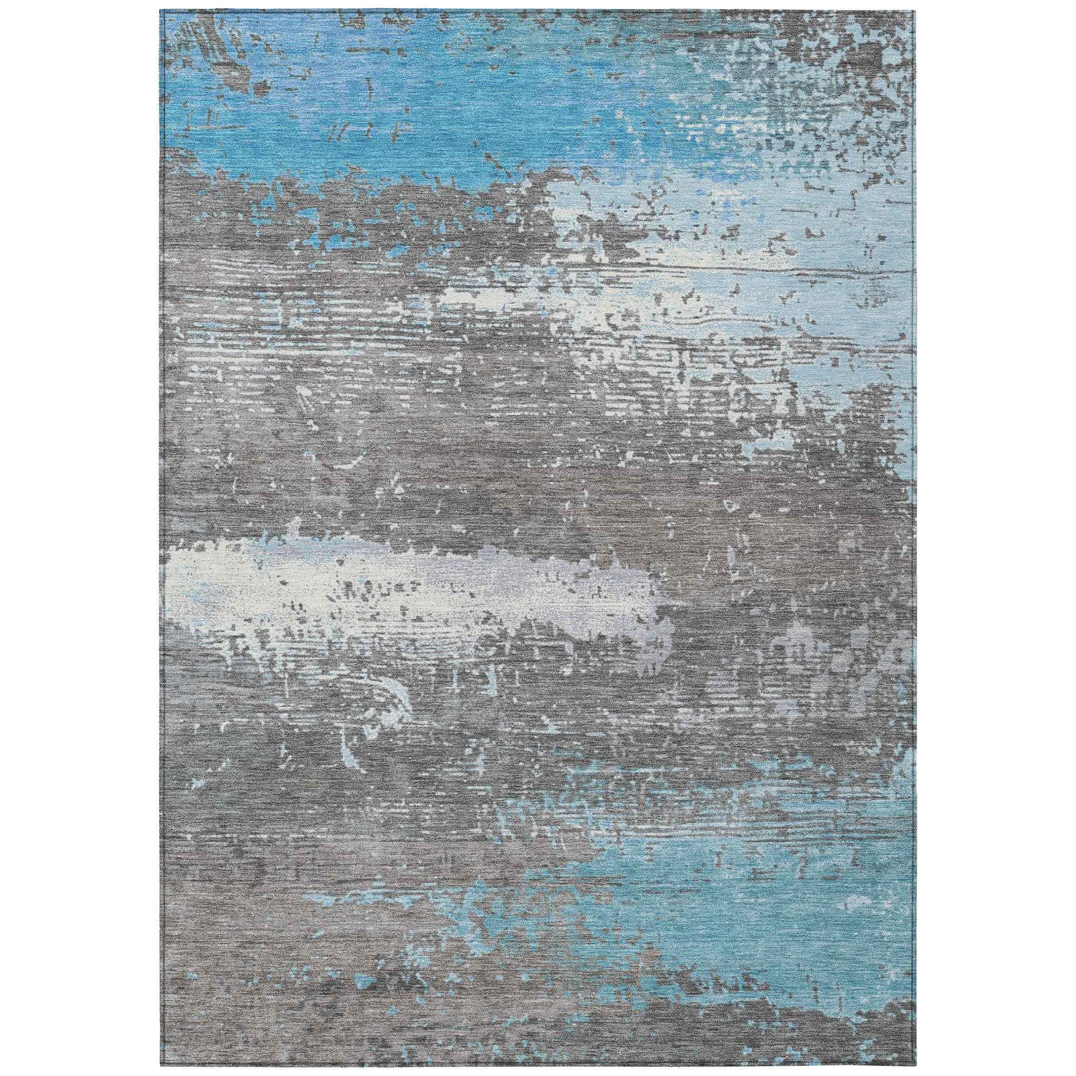 9' X 12' Teal Blue Gray And Silver Abstract Washable Indoor Outdoor Area Rug