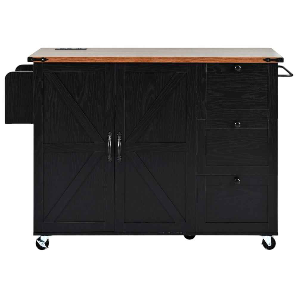 55" Black Wood Rolling Kitchen Island