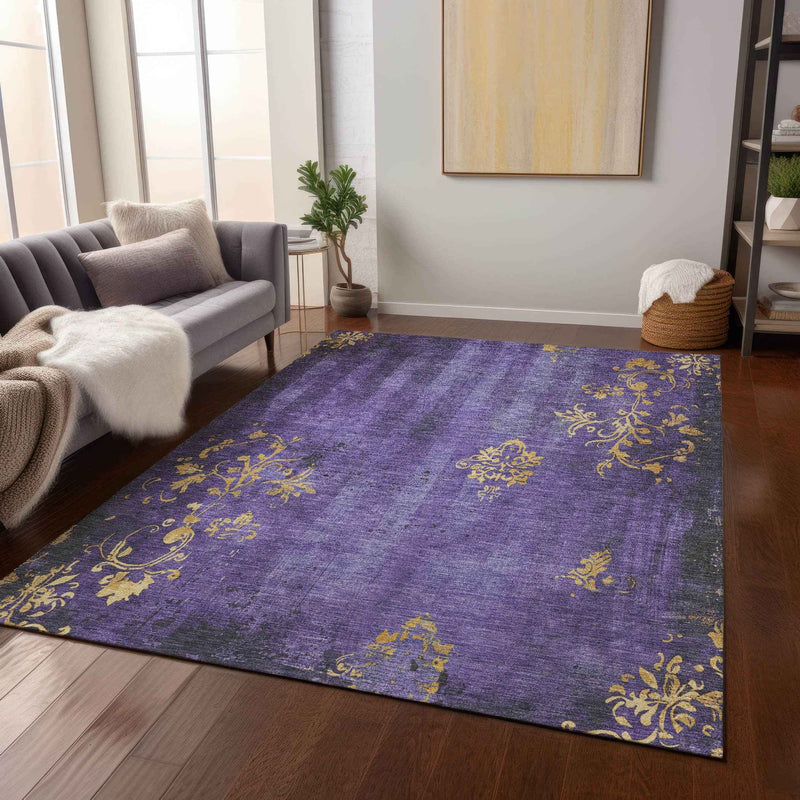 10' X 14' Purple And Gold Floral Washable Indoor Outdoor Area Rug