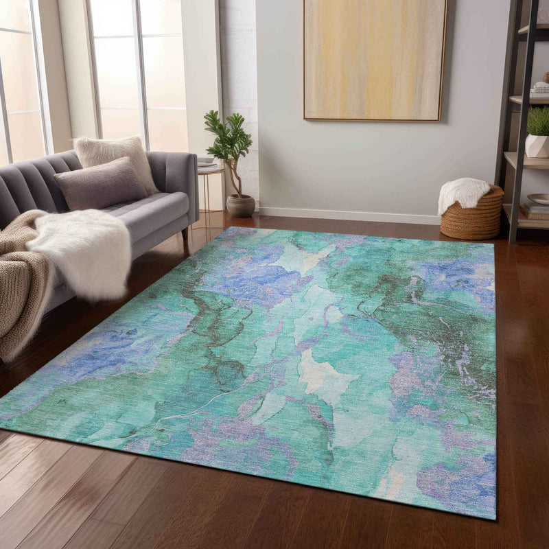 9' X 12' Teal Blue And Mint Green Abstract Washable Indoor Outdoor Area Rug