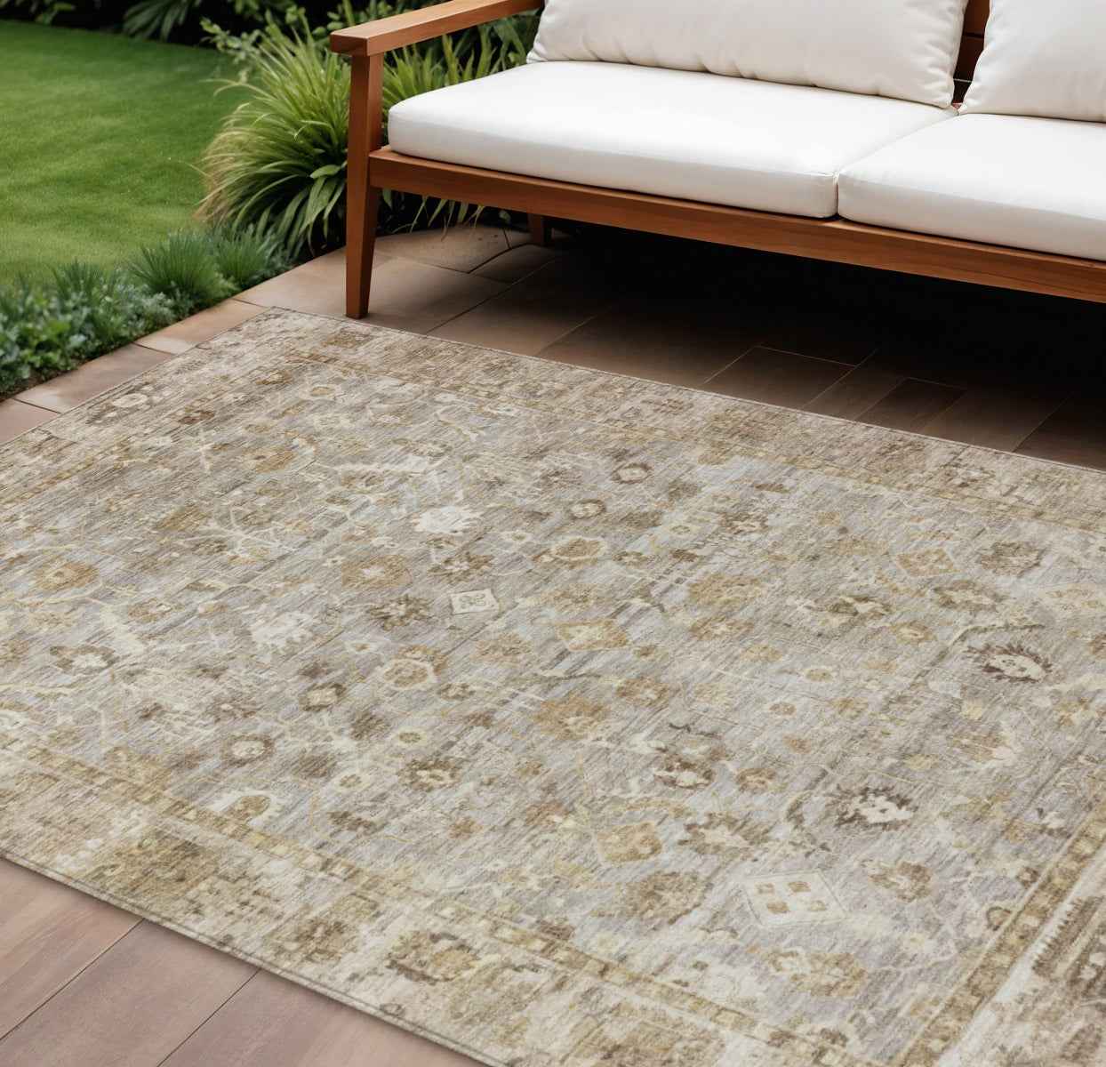 10' X 14' Taupe Brown And Ivory Oriental Washable Indoor Outdoor Area Rug
