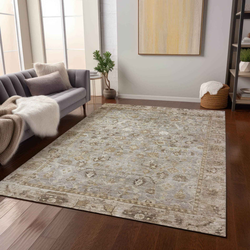 10' X 14' Taupe Brown And Ivory Oriental Washable Indoor Outdoor Area Rug