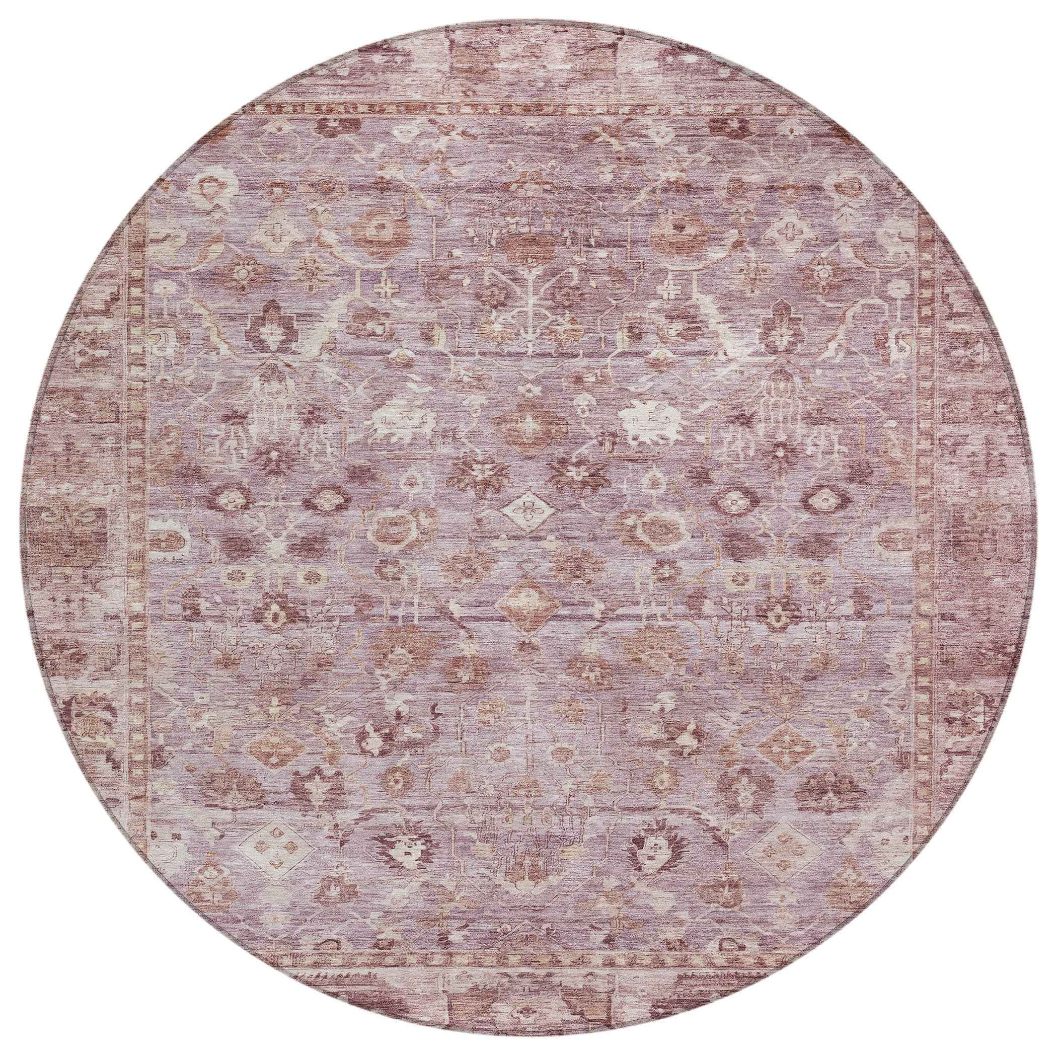 8' Blush Pink And Ivory Round Oriental Washable Indoor Outdoor Area Rug