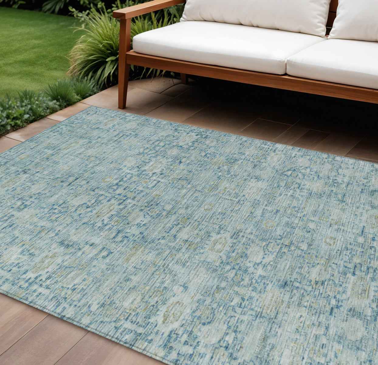 8' X 10' Blue And Ivory Oriental Washable Indoor Outdoor Area Rug
