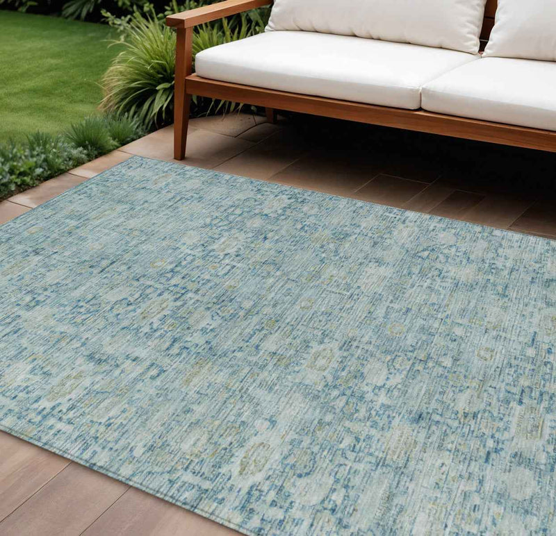8' X 10' Blue And Ivory Oriental Washable Indoor Outdoor Area Rug