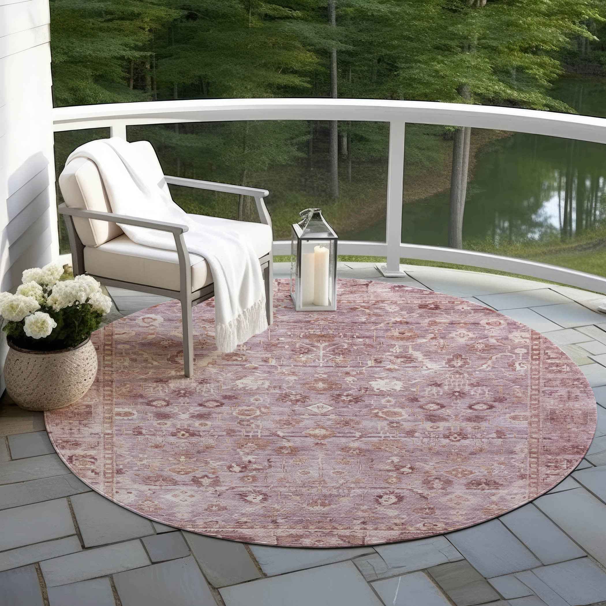 8' Blush Pink And Ivory Round Oriental Washable Indoor Outdoor Area Rug