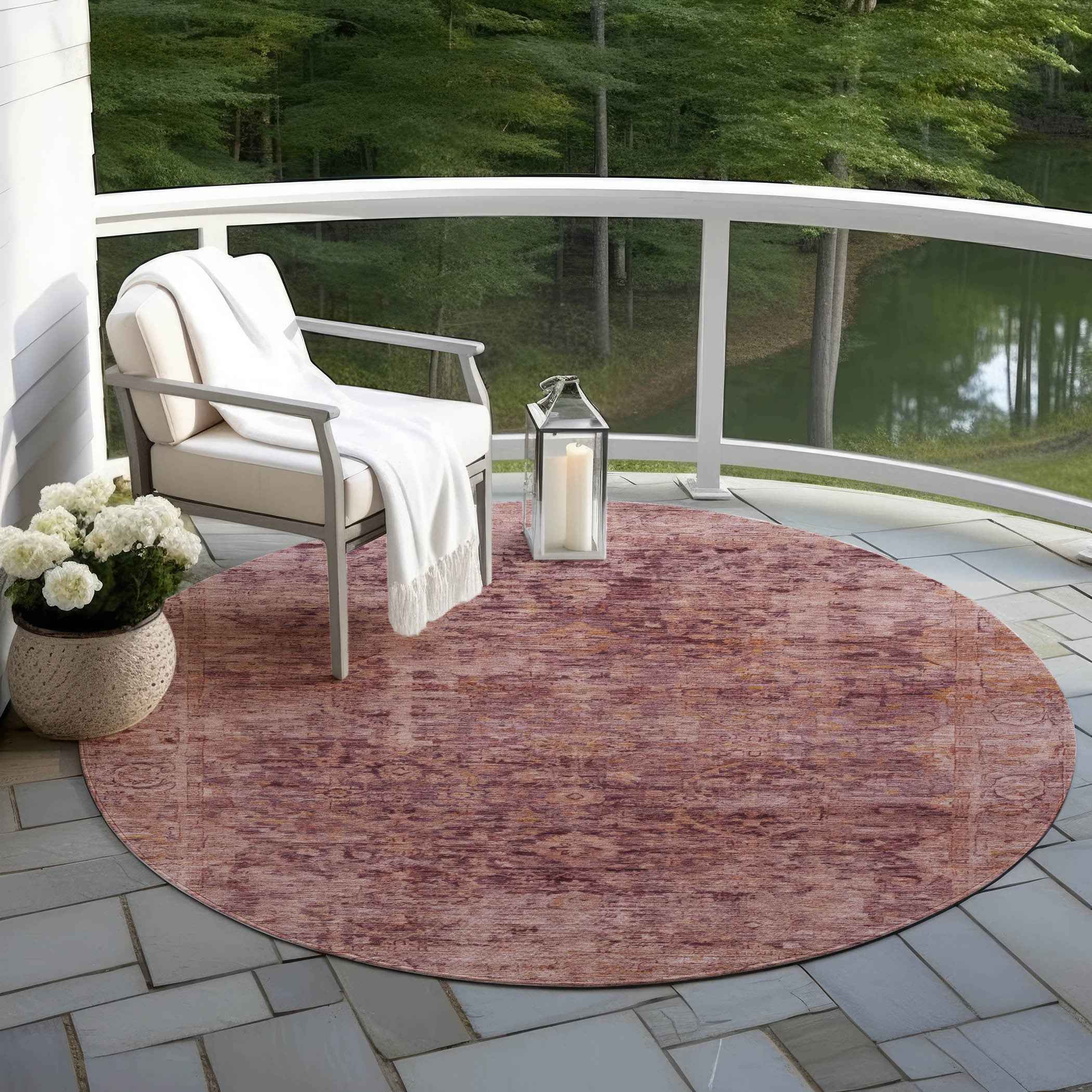 8' Merlot And Blush Round Abstract Washable Indoor Outdoor Area Rug