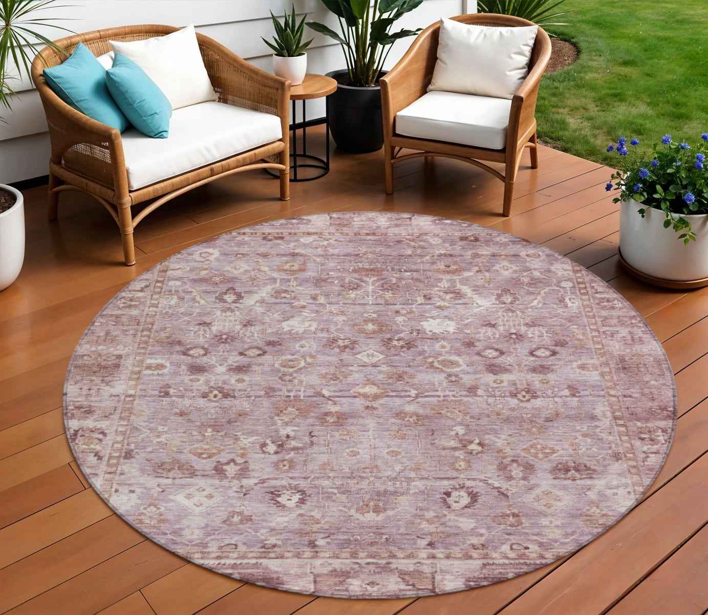 8' Blush Pink And Ivory Round Oriental Washable Indoor Outdoor Area Rug