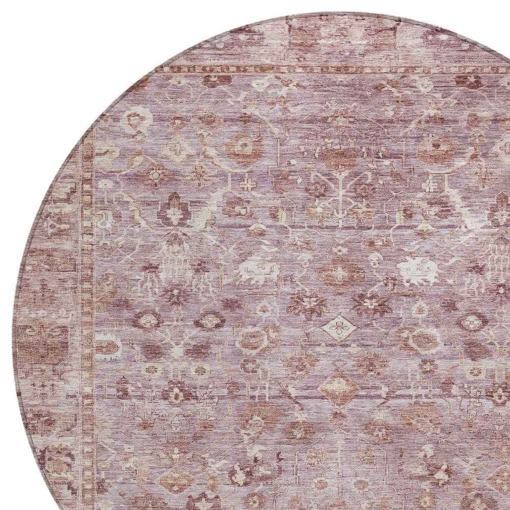 8' Blush Pink And Ivory Round Oriental Washable Indoor Outdoor Area Rug