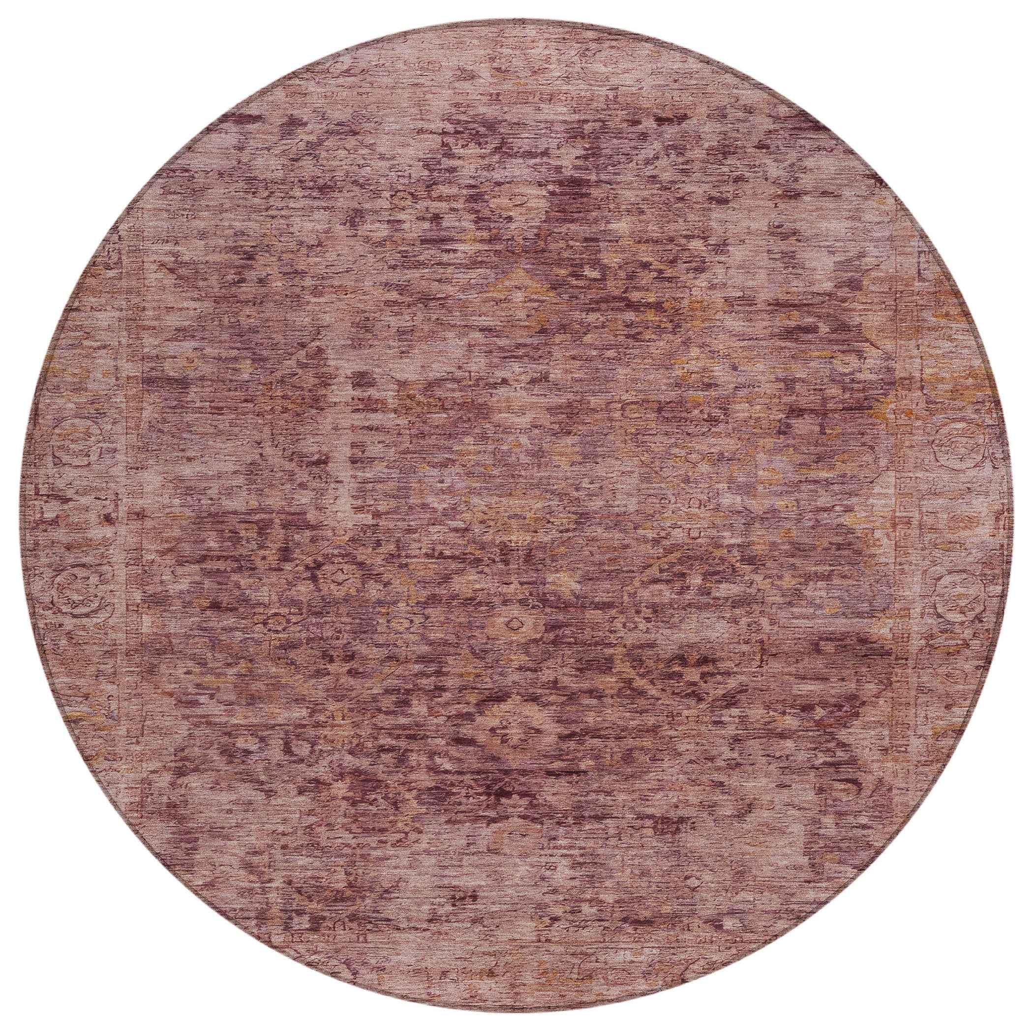 8' Merlot And Blush Round Abstract Washable Indoor Outdoor Area Rug