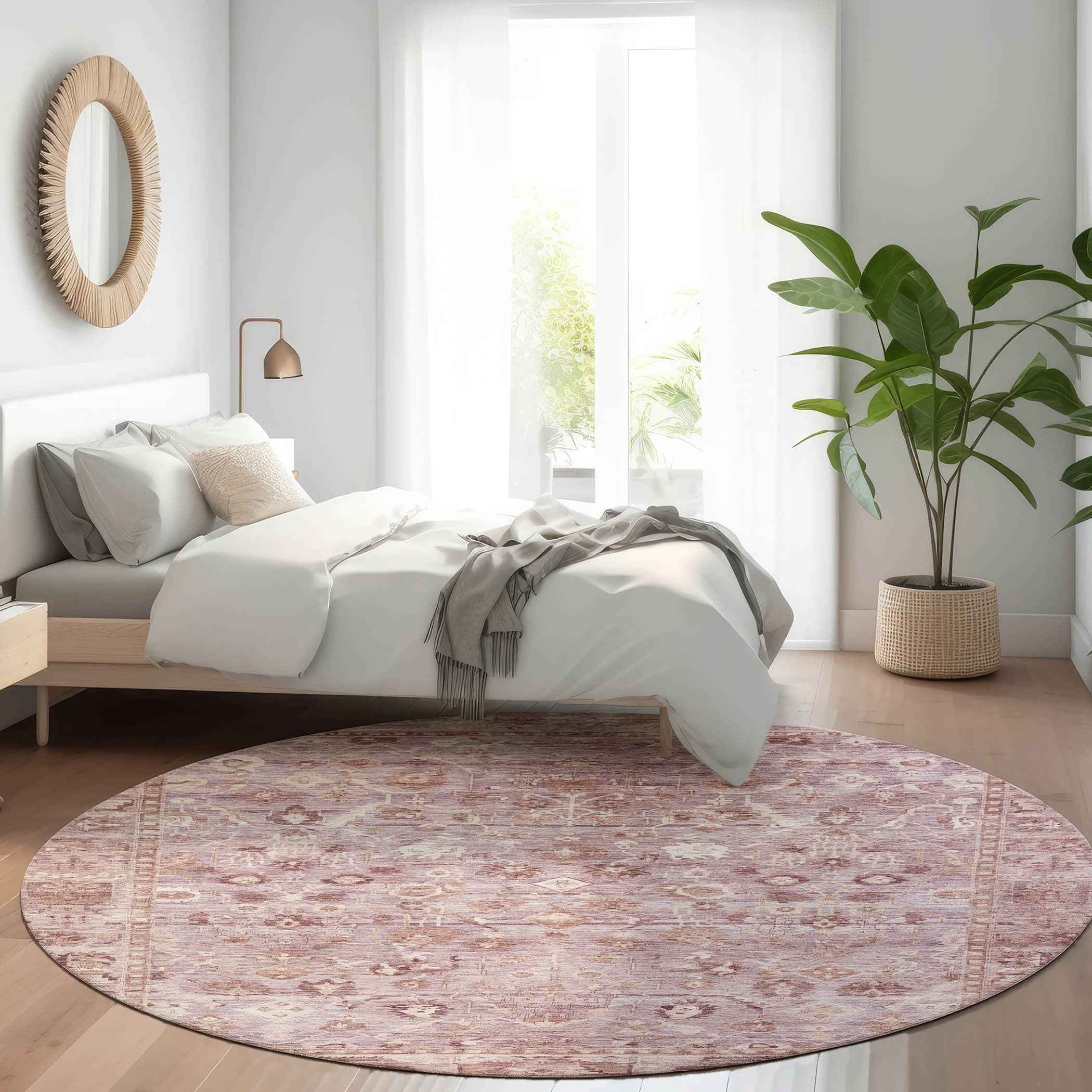 8' Blush Pink And Ivory Round Oriental Washable Indoor Outdoor Area Rug