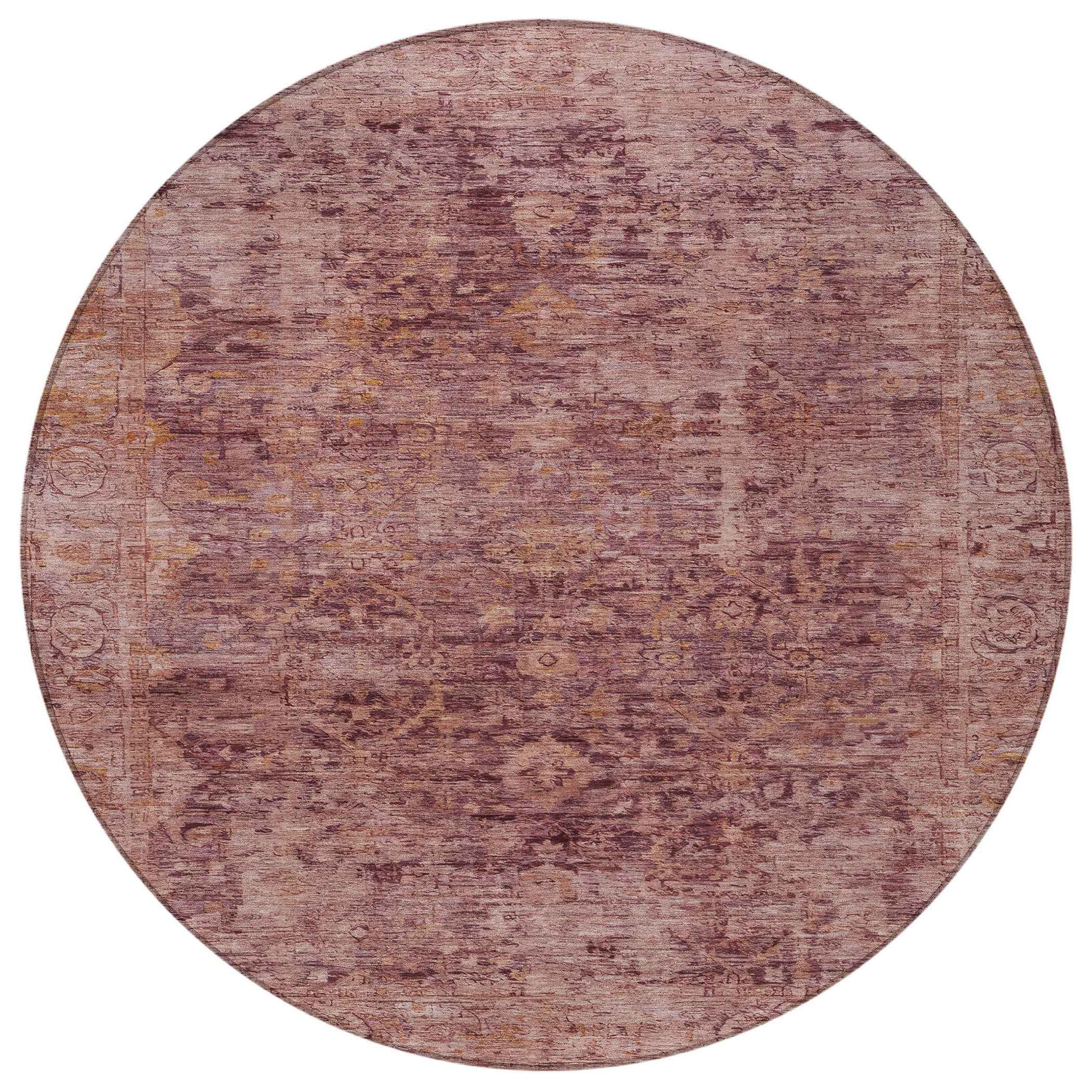 8' Merlot And Blush Round Abstract Washable Indoor Outdoor Area Rug