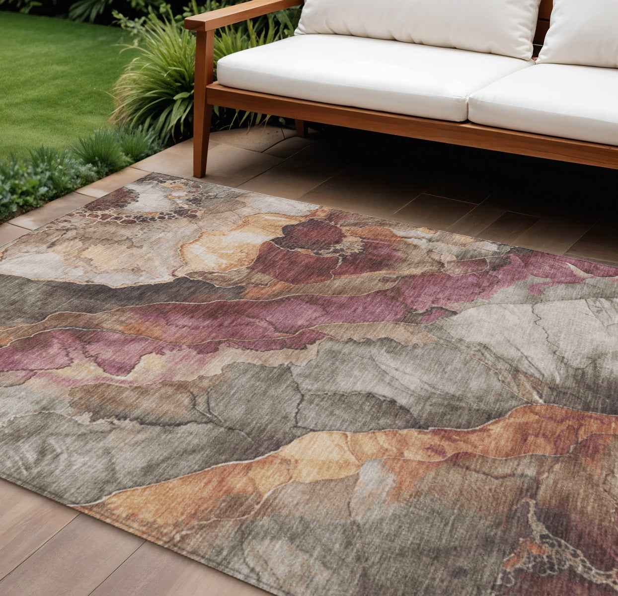 9' X 12' Khaki And Blush Floral Washable Indoor Outdoor Area Rug