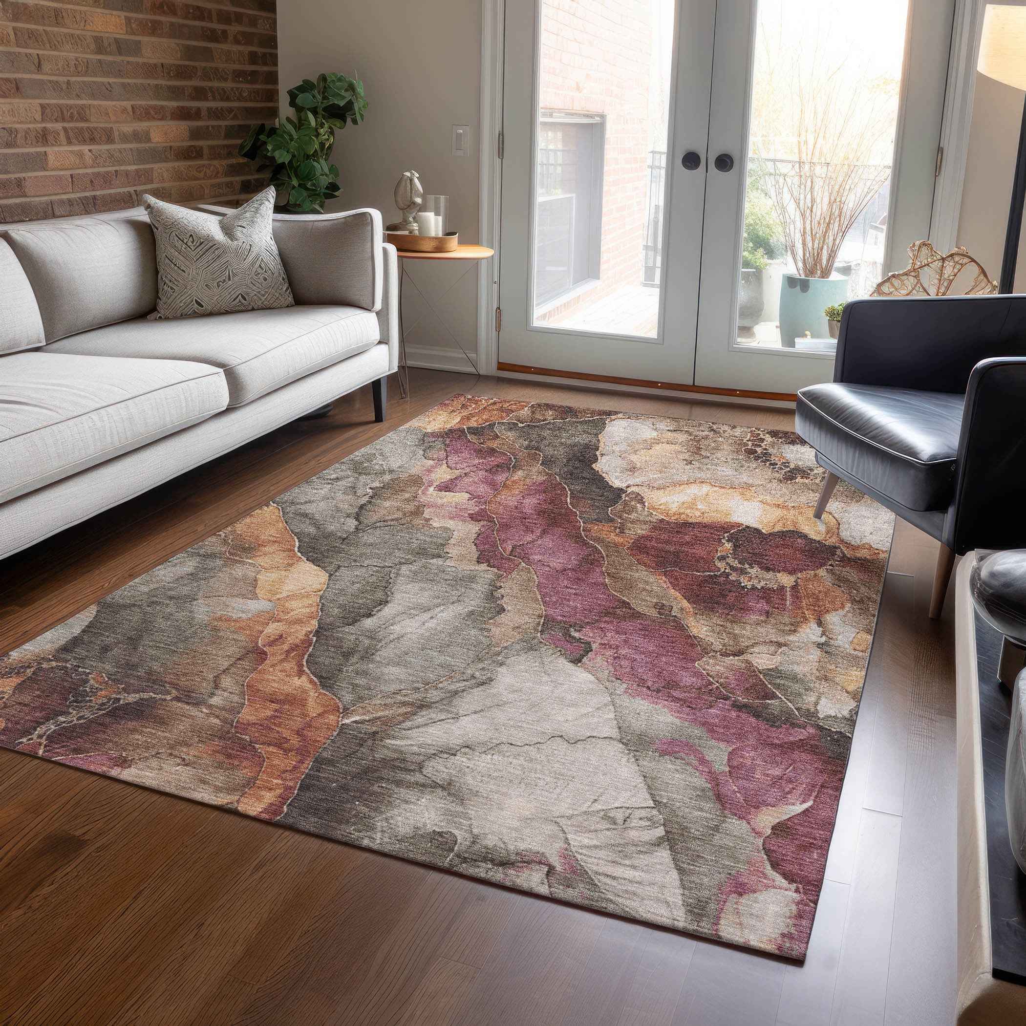 9' X 12' Khaki And Blush Floral Washable Indoor Outdoor Area Rug