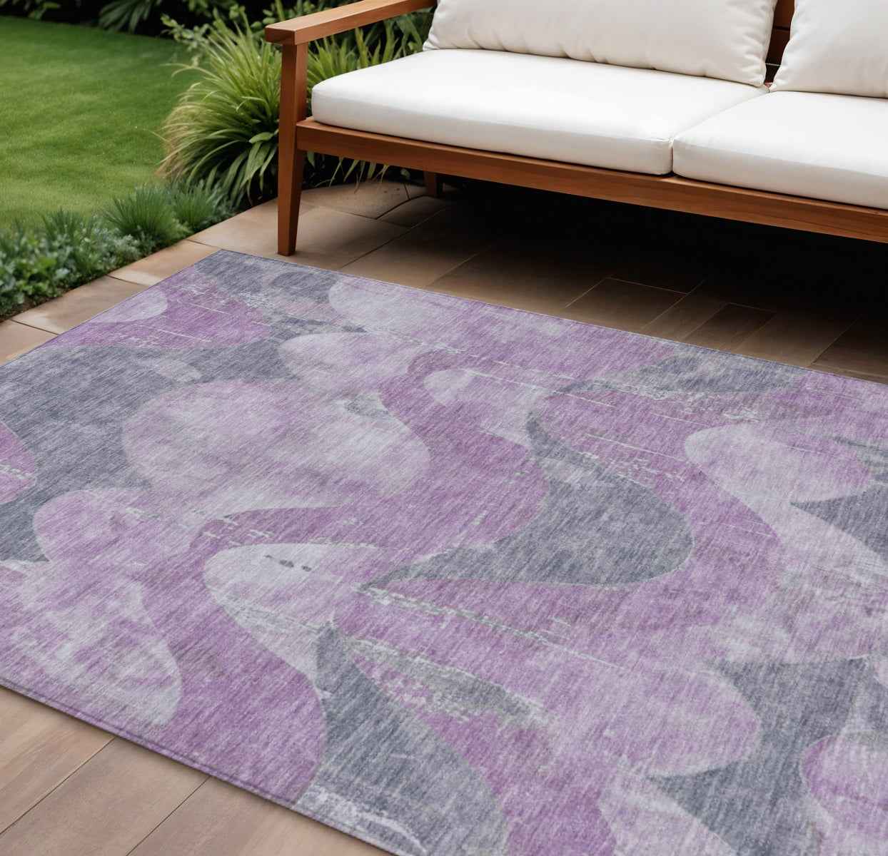 9' X 12' Lavender And Gray Abstract Washable Indoor Outdoor Area Rug
