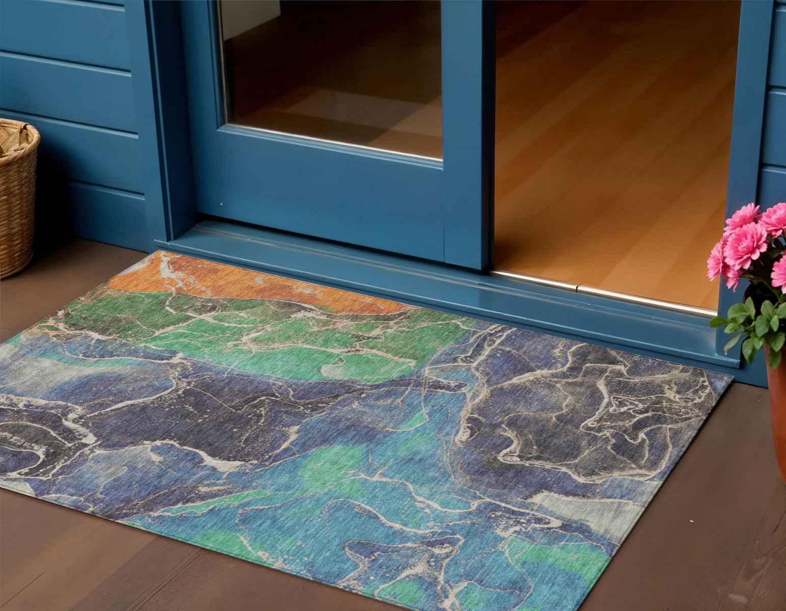 3' X 5' Blue Green And Orange Abstract Washable Indoor Outdoor Area Rug