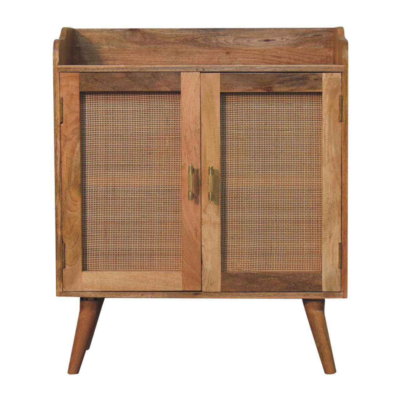 35" Brown Distressed Solid Wood Inlaid Rattan Accent Cabinet With Two Doors