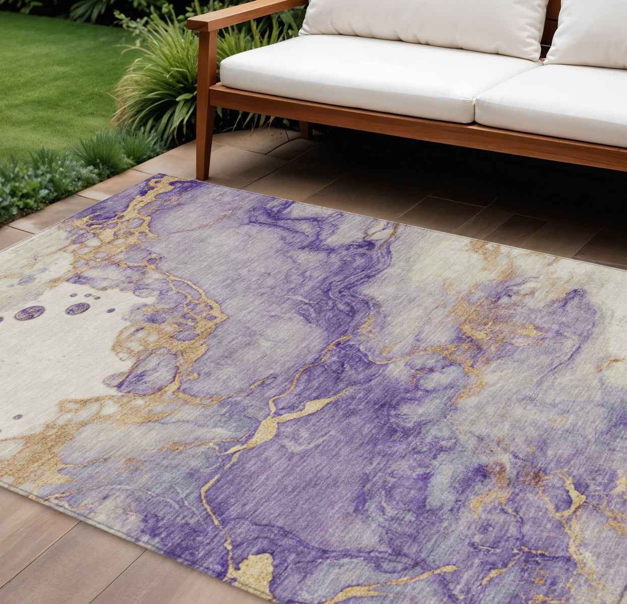 10' X 14' Purple And Gold Abstract Washable Indoor Outdoor Area Rug