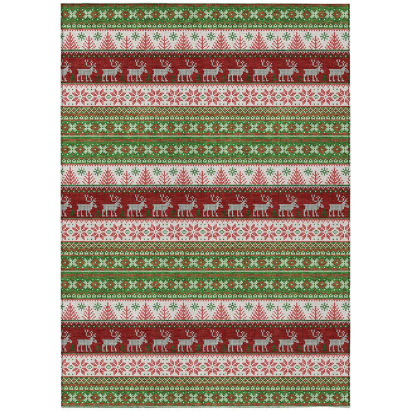 8' X 10' Green Ivory And Red Animal Print Washable Indoor Outdoor Area Rug