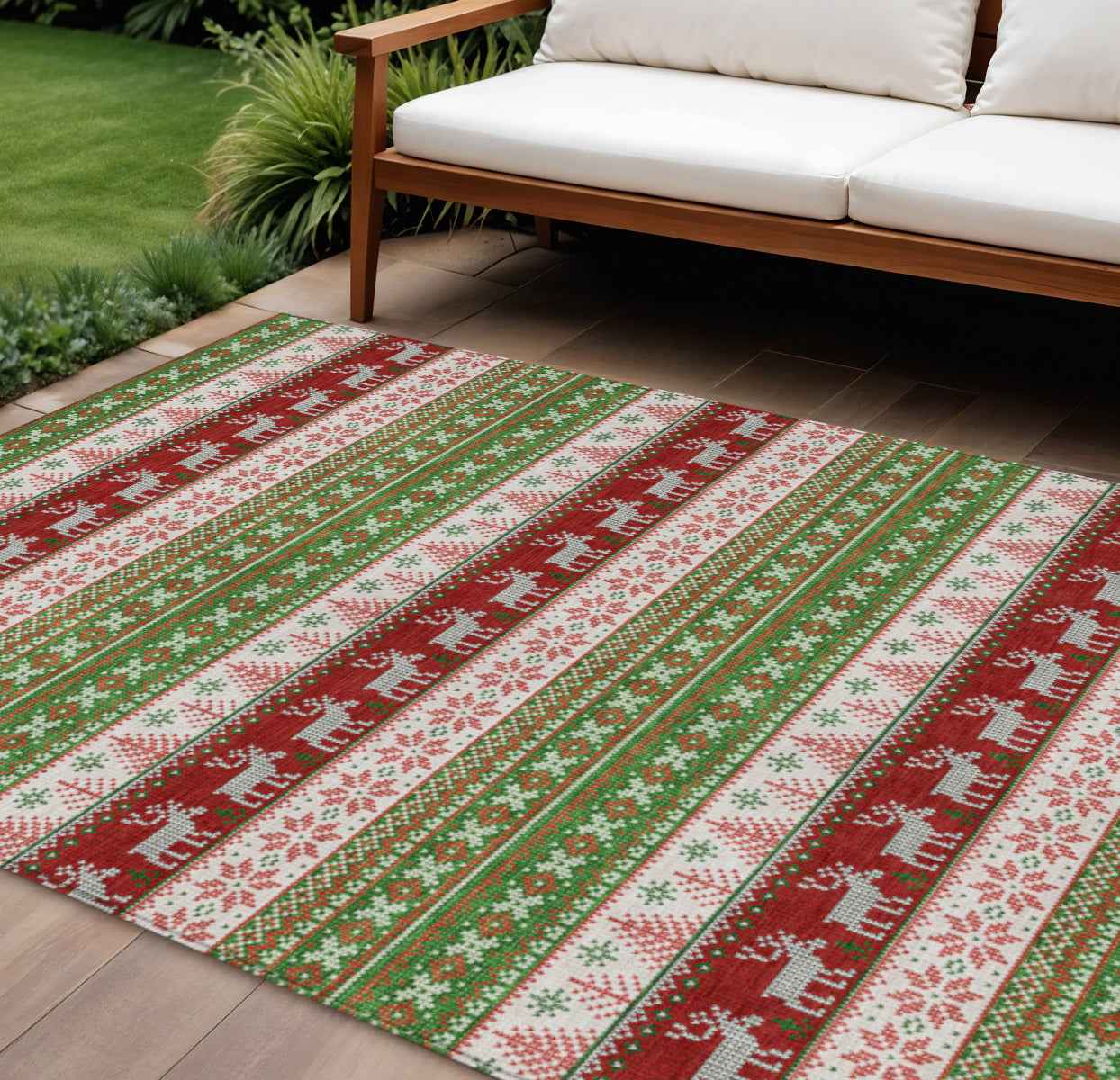 8' X 10' Green Ivory And Red Animal Print Washable Indoor Outdoor Area Rug