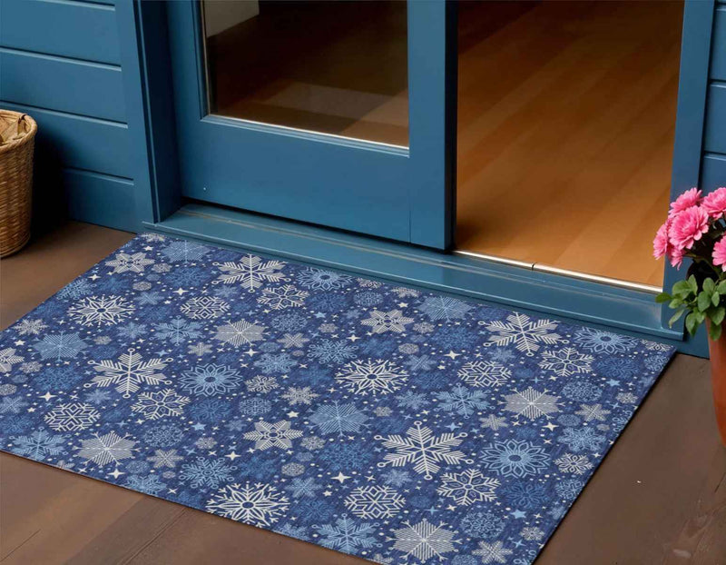 3' X 5' Navy Blue Ivory And Sky Blue Medallion Washable Indoor Outdoor Area Rug