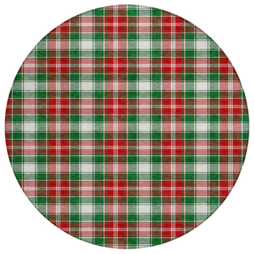 8' Emerald Red And White Round Plaid Washable Indoor Outdoor Area Rug