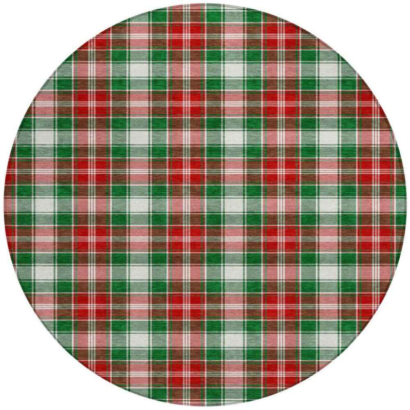 8' Emerald Red And White Round Plaid Washable Indoor Outdoor Area Rug