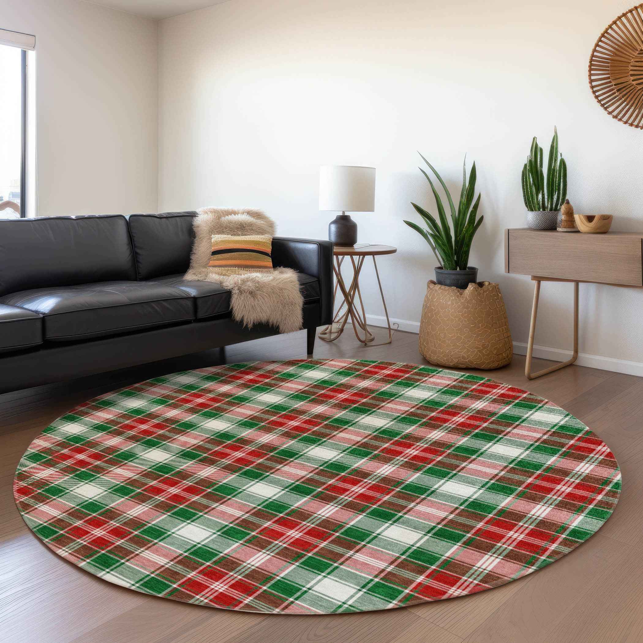 8' Emerald Red And White Round Plaid Washable Indoor Outdoor Area Rug