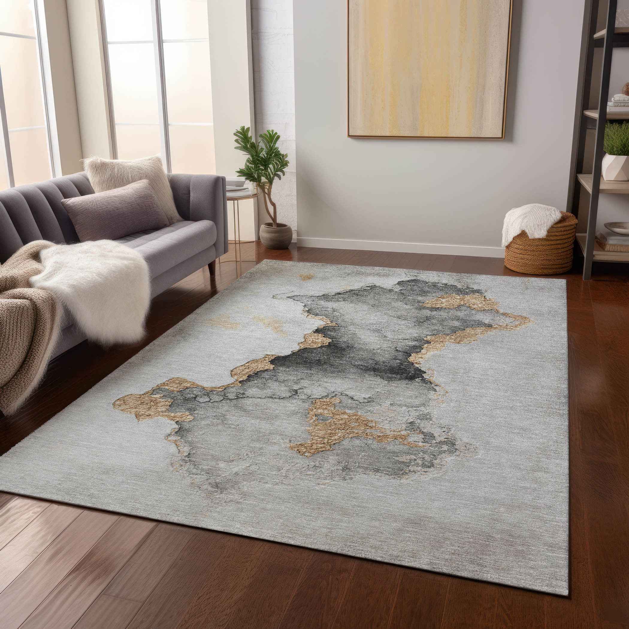 9' X 12' Gray And Gold Abstract Washable Indoor Outdoor Area Rug