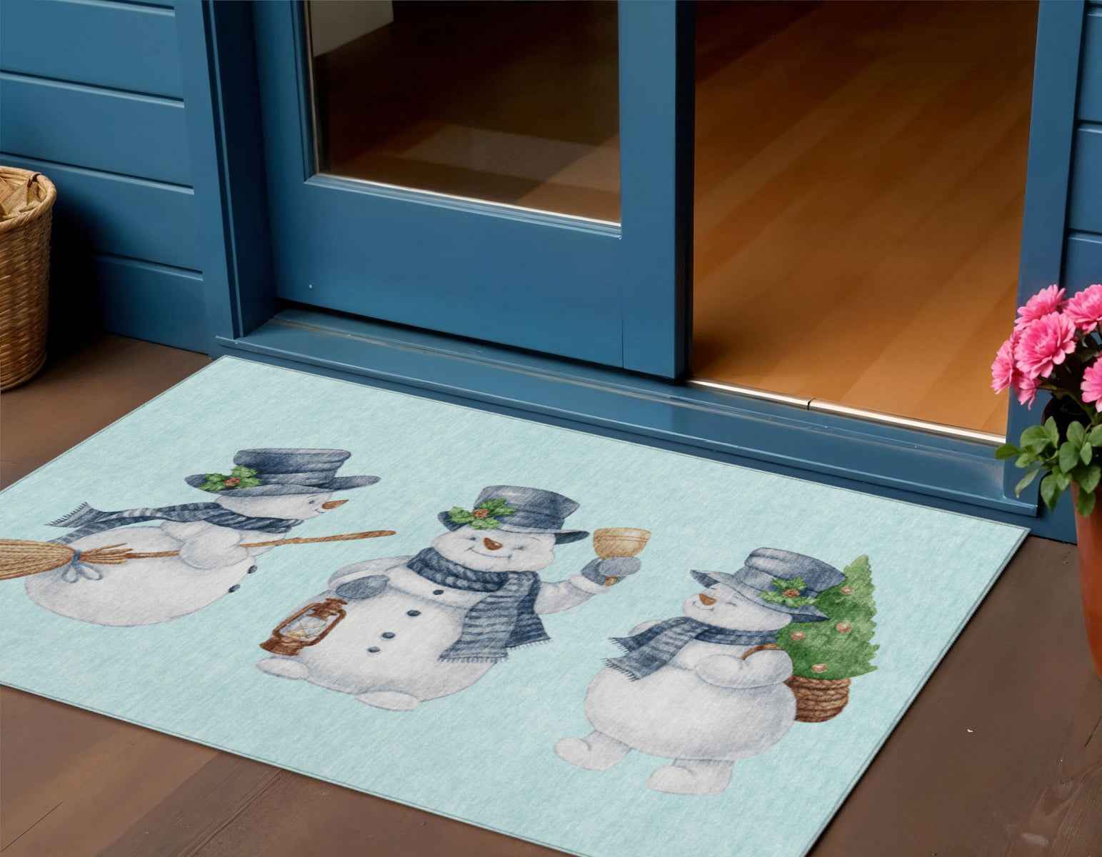 3' X 5' Sky Blue Denim Blue And Ivory Botanical Leaves Washable Indoor Outdoor Area Rug