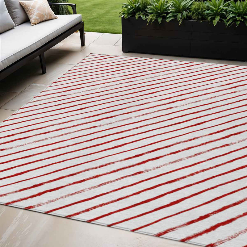 5' X 8' Red And White Striped Washable Indoor Outdoor Area Rug