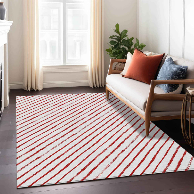 5' X 8' Red And White Striped Washable Indoor Outdoor Area Rug