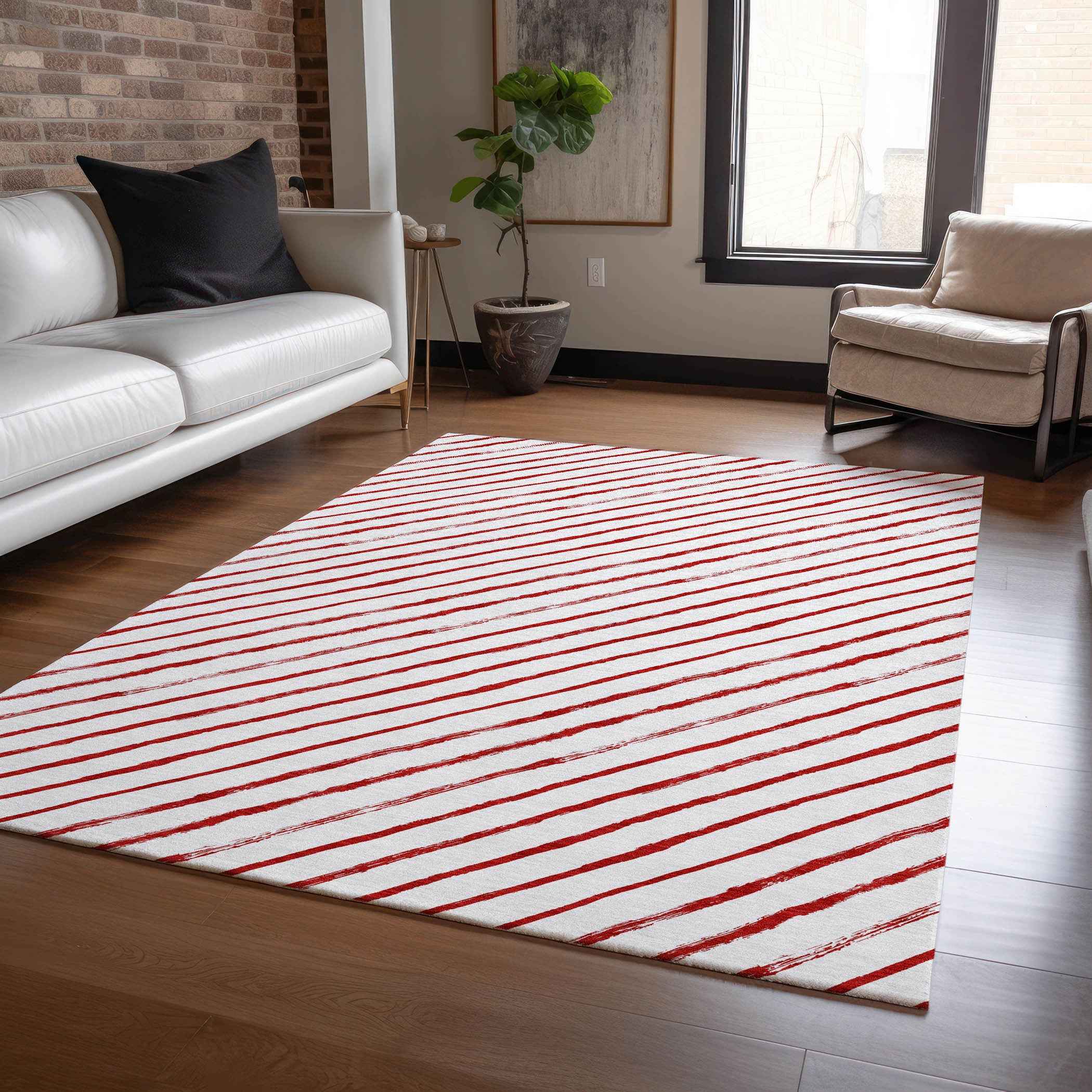 5' X 8' Red And White Striped Washable Indoor Outdoor Area Rug