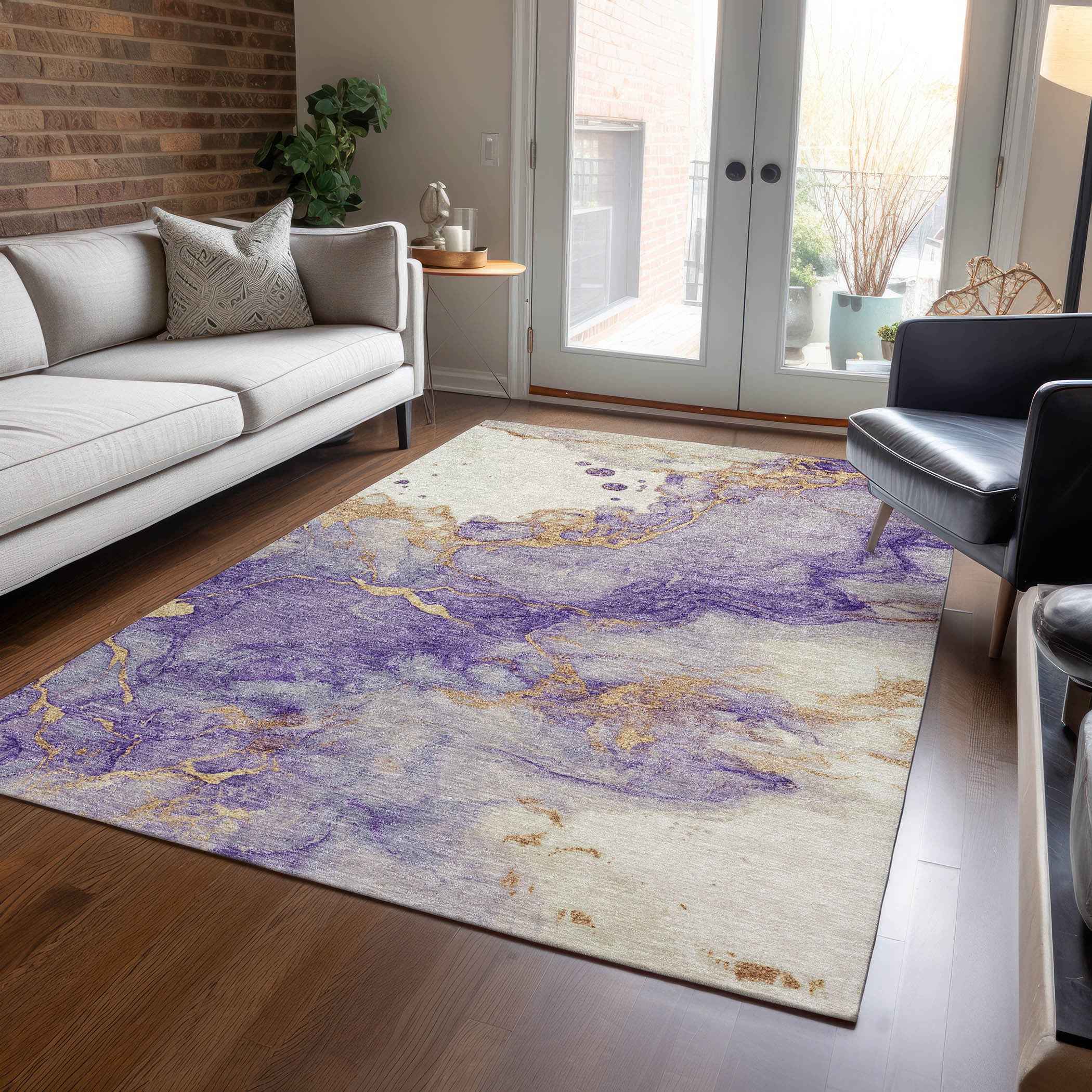 8' X 10' Purple And Gold Abstract Washable Indoor Outdoor Area Rug