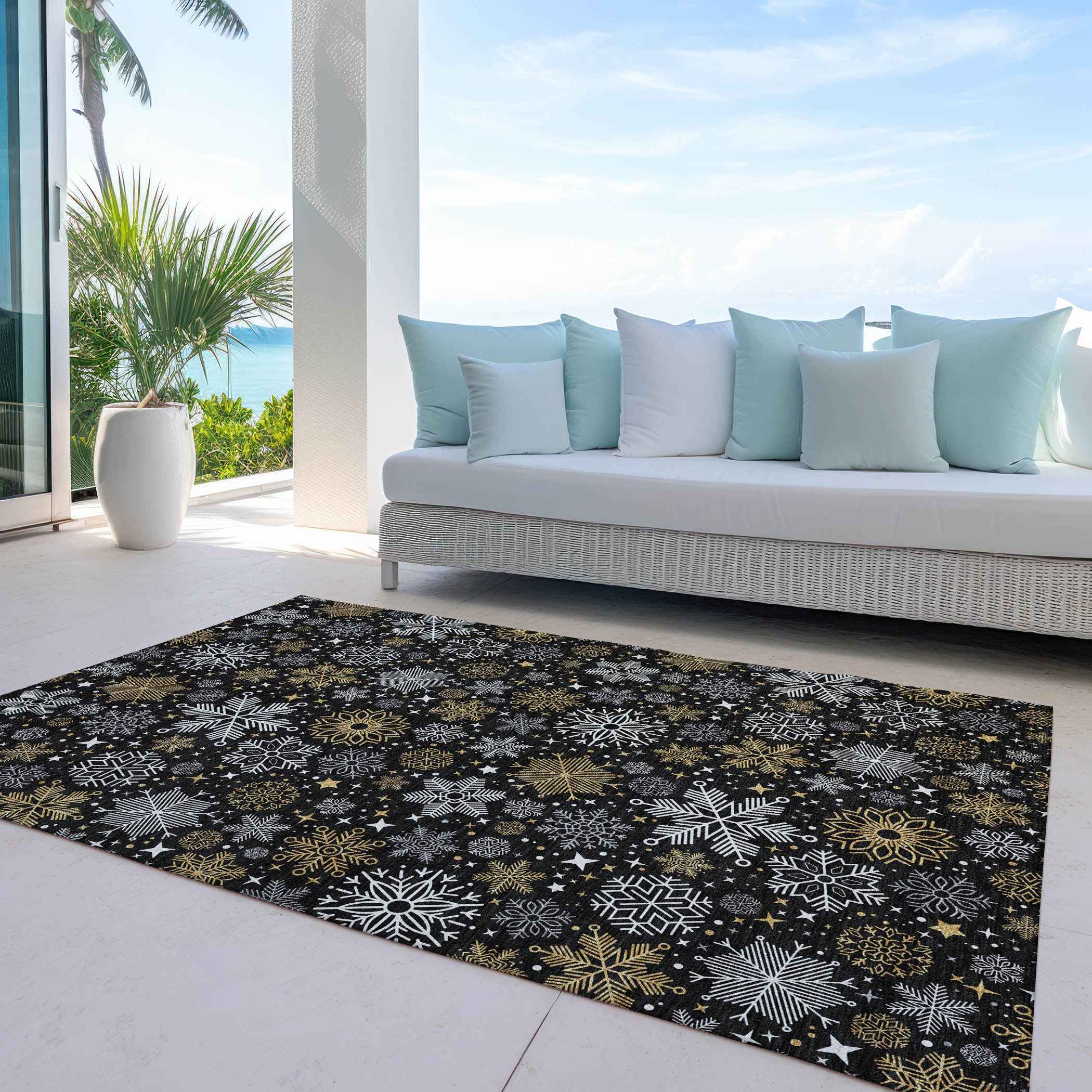 8' X 10' Black Gold And Gray Medallion Washable Indoor Outdoor Area Rug