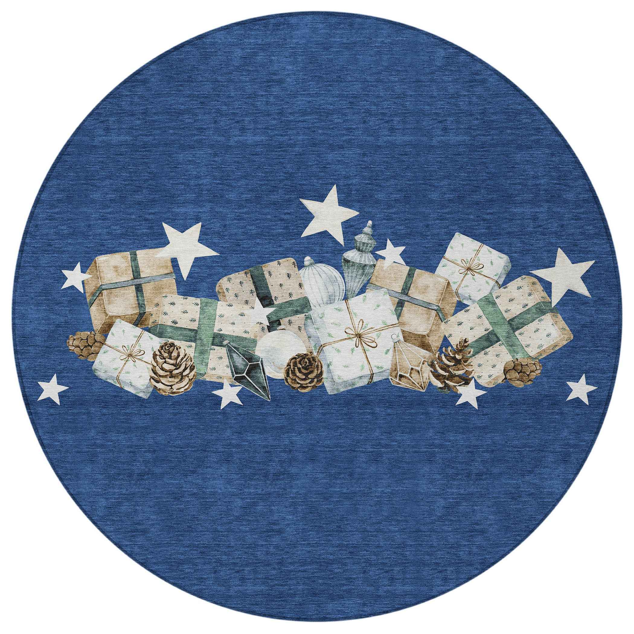 8' Navy Blue Beige Ivory And Taupe Round Geometric Washable Indoor Outdoor Area Rug