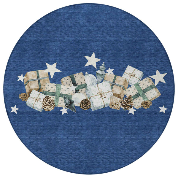 8' Navy Blue Beige Ivory And Taupe Round Geometric Washable Indoor Outdoor Area Rug