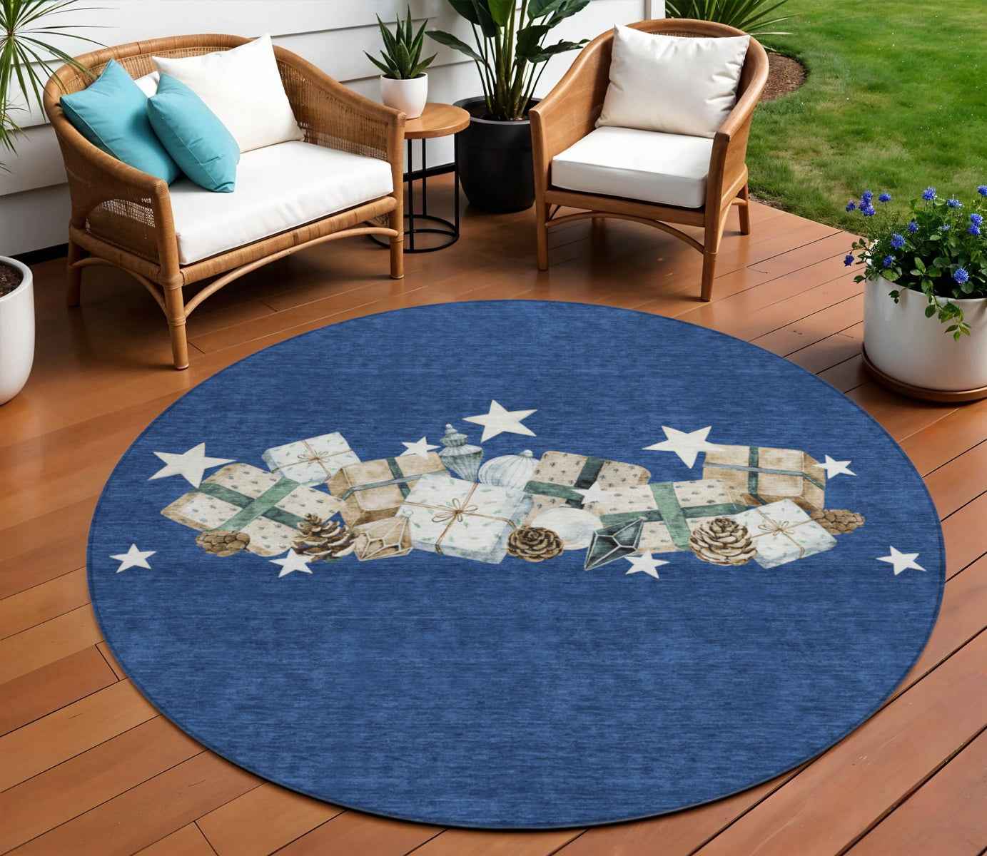 8' Navy Blue Beige Ivory And Taupe Round Geometric Washable Indoor Outdoor Area Rug