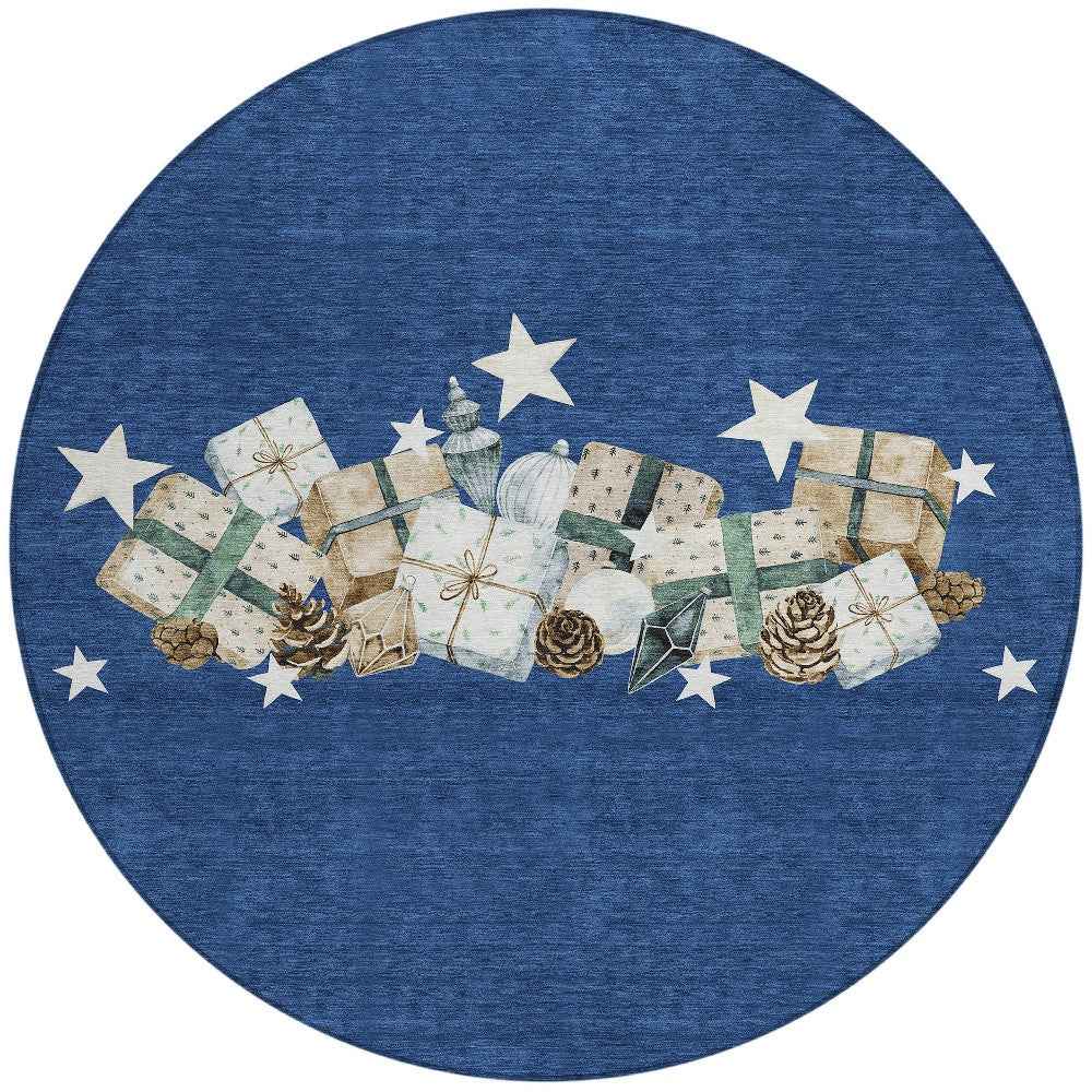 8' Navy Blue Beige Ivory And Taupe Round Geometric Washable Indoor Outdoor Area Rug